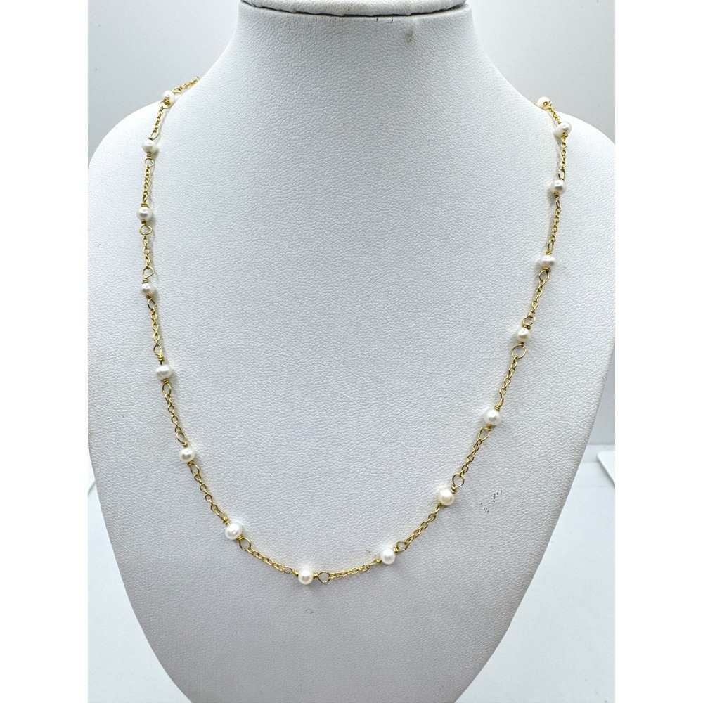 Italy 925 Sterling Silver Gold Plated Pearl Station Necklace Adjustable Coquette